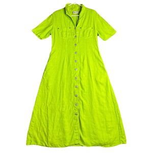 Vintage Monique Fashions Shirt Dress Size 12 Lime Green Pure European Linen Boho